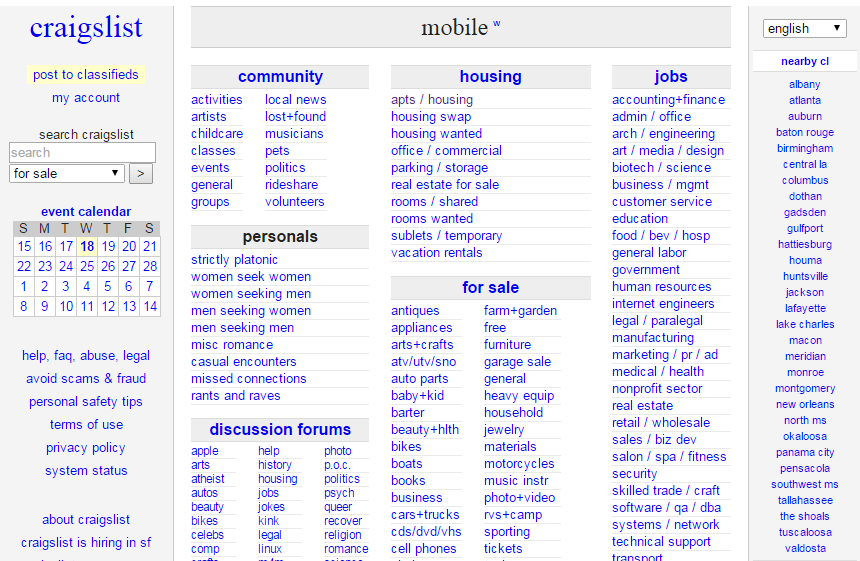 Craigslist provides local classifieds and forums for jobs, housing, for sal...